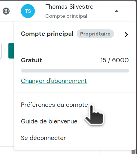 menu de préférences de l'utilisateur de MailJet